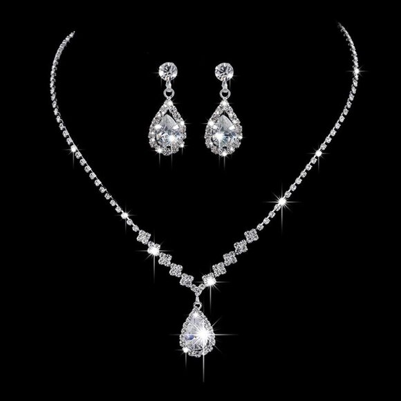 Bride Silver Bridal Necklace Earrings Set Crystal Wedding Jewelry Set Rhinestone - Picture 8 of 8